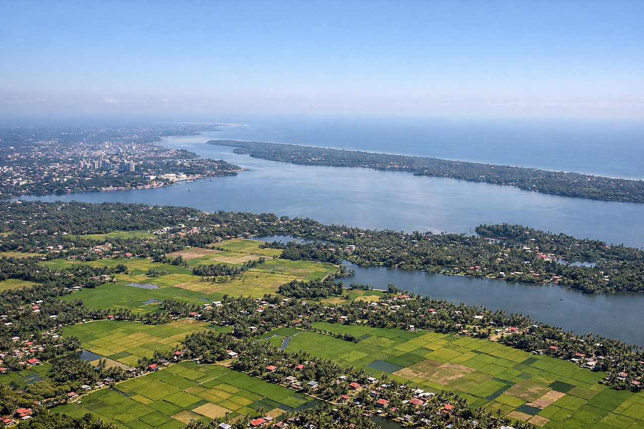 Aerial window seat view during takeoff from Kochi (right side) — Vembanad Lake and Kerala backwaters, Western Ghats foothills, Kochi coastline