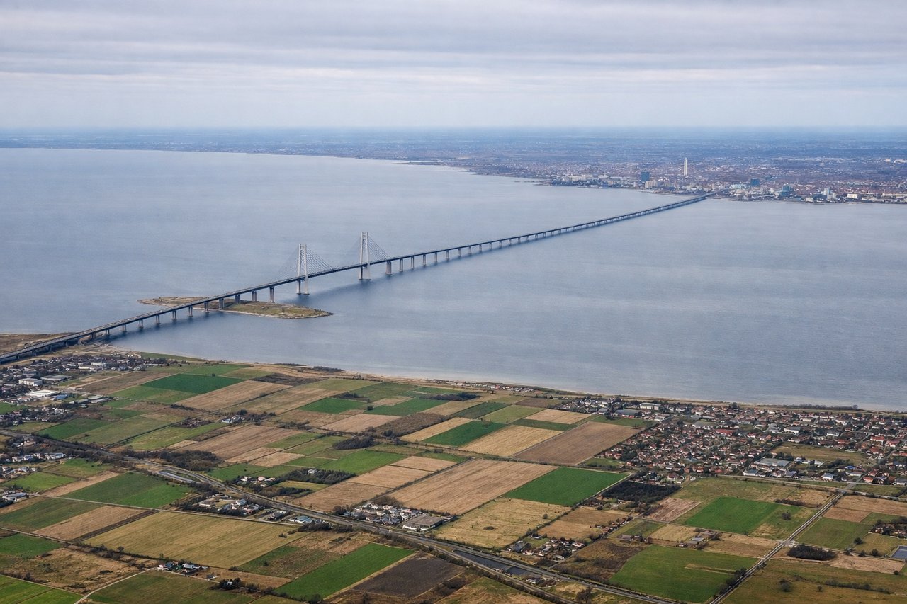 Left window seat view during takeoff from Copenhagen (CPH) — Copenhagen city center and harbor, Amager island, Øresund strait with the Swedish coast faintly visible, Kastrup airport grounds below