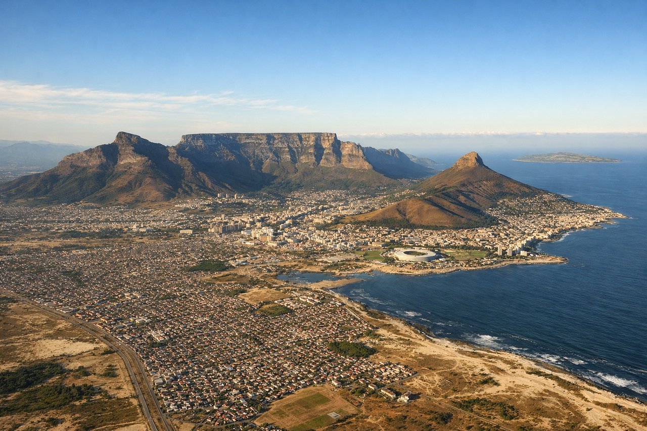Aerial window seat view during landing at Cape Town (right side) — Table Mountain, Table Bay, Robben Island, Cape Peninsula coastline