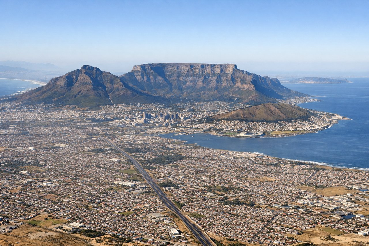 Aerial window seat view during takeoff from Cape Town (right side) — Table Mountain flat-topped massif, Lion's Head peak, Cape Town city bowl and harbour, False Bay coastline