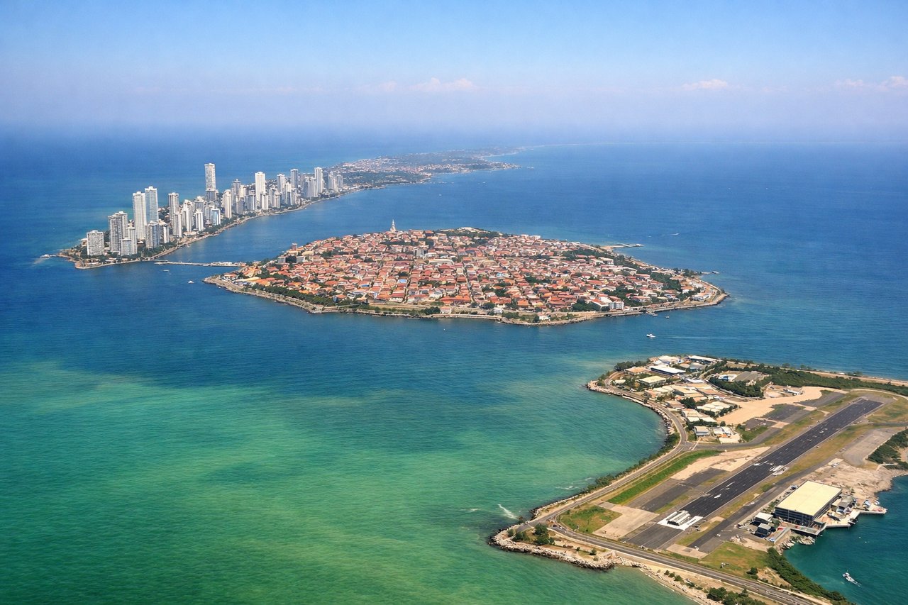 Left window seat view during landing at Cartagena (CTG) — Cartagena's historic walled city (Ciudad Amurallada), Bocagrande high-rise skyline, Cartagena Bay, Caribbean coastline