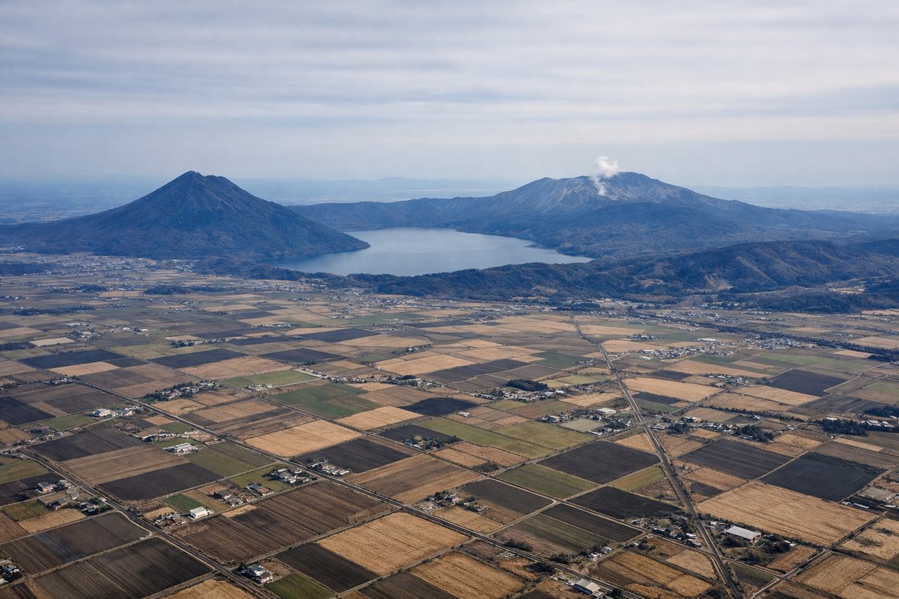 Right window seat view during takeoff from Sapporo (CTS) — Lake Shikotsu, Mount Tarumae, Mount Eniwa, Mount Yotei (distant)