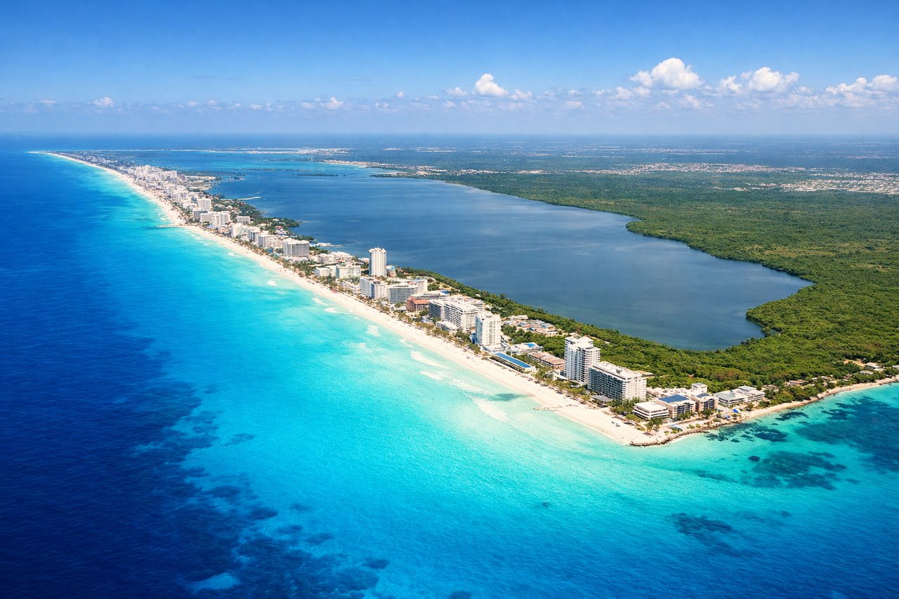 Aerial window seat view during landing at Cancun (left side) — Caribbean coastline and turquoise reef waters, Cancun Hotel Zone beach strip, Nichupte Lagoon, Yucatan jungle canopy