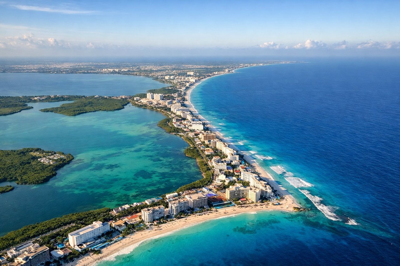 Aerial window seat view during takeoff from Cancun (left side) — Laguna Nichupte, Cancun Hotel Zone barrier strip, Caribbean reef color gradient, Isla Mujeres to the northeast