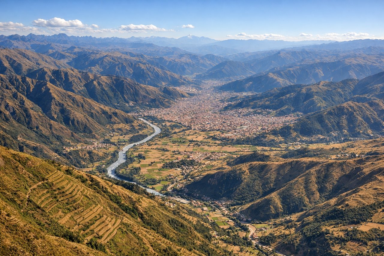 Aerial window seat view during landing at Cuzco (left side) — Andes mountain ridgelines, Urubamba Valley terraces, Cuzco city in the valley basin, Ausangate massif in the distance