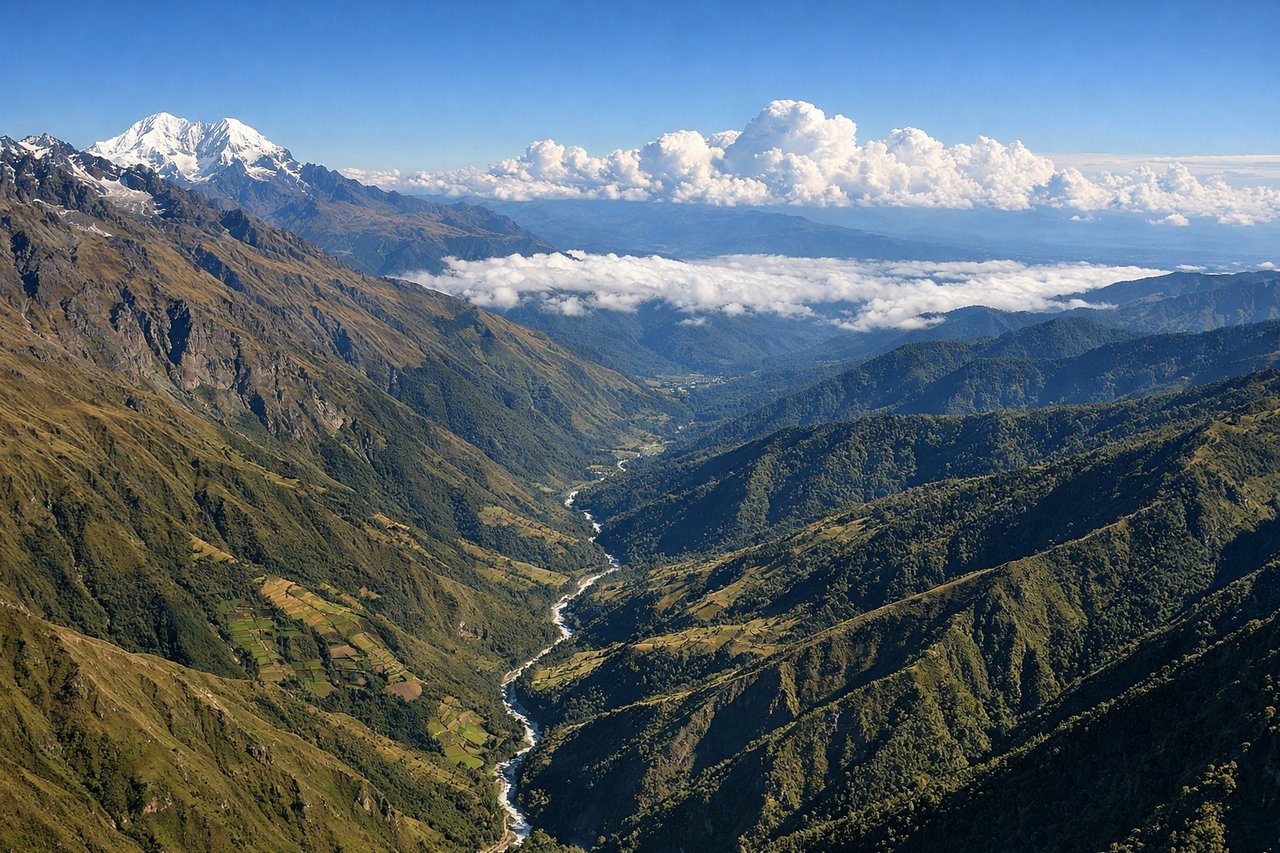 Left window seat view during takeoff from Cuzco (CUZ) — Ausangate peak (6,384m), Vilcanota mountain range, Cusco valley terraced hillsides, Huatanay river valley