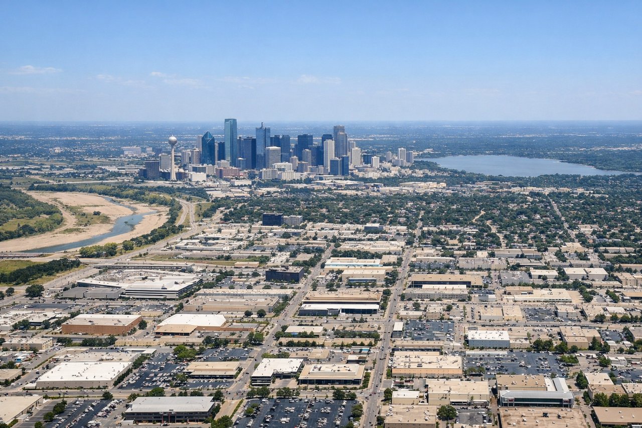 Left window seat view during landing at Dallas (DAL) — Downtown Dallas skyline, Trinity River, Dallas Design District, Stemmons Freeway corridor