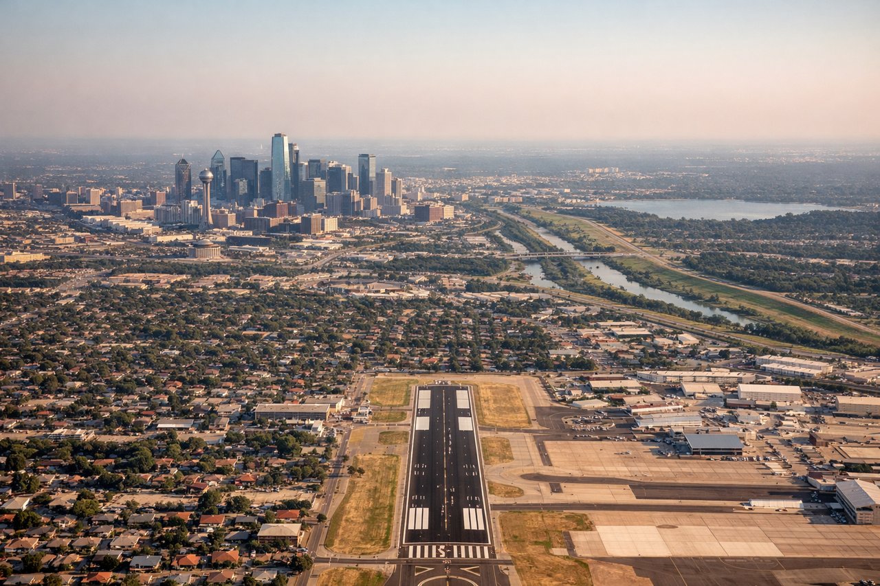 Aerial window seat view during landing at Dallas (right side) — Downtown Dallas skyline, Trinity River, Reunion Tower, North Texas flatlands