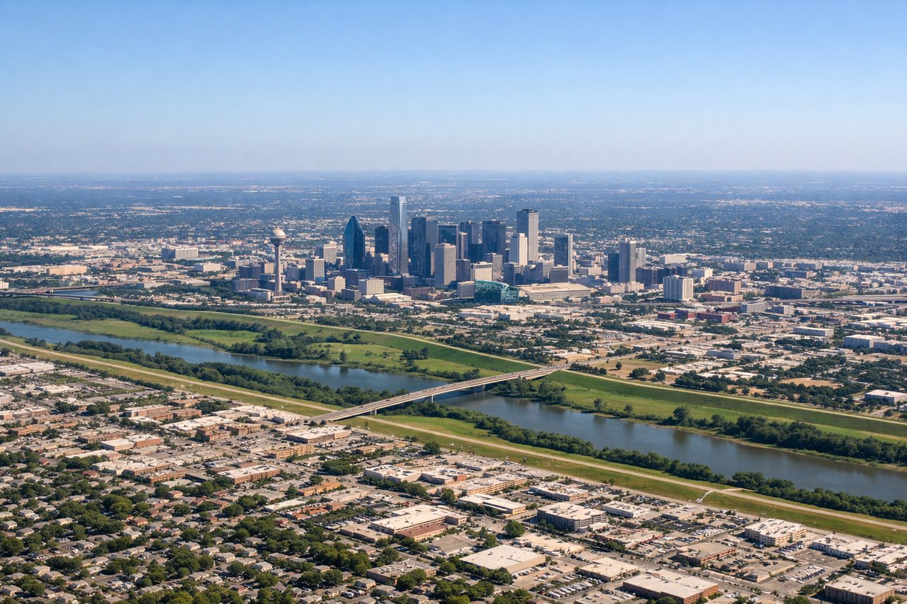 Right window seat view during takeoff from Dallas (DAL) — Downtown Dallas skyline, Trinity River, Bachman Lake, White Rock Lake (further east)