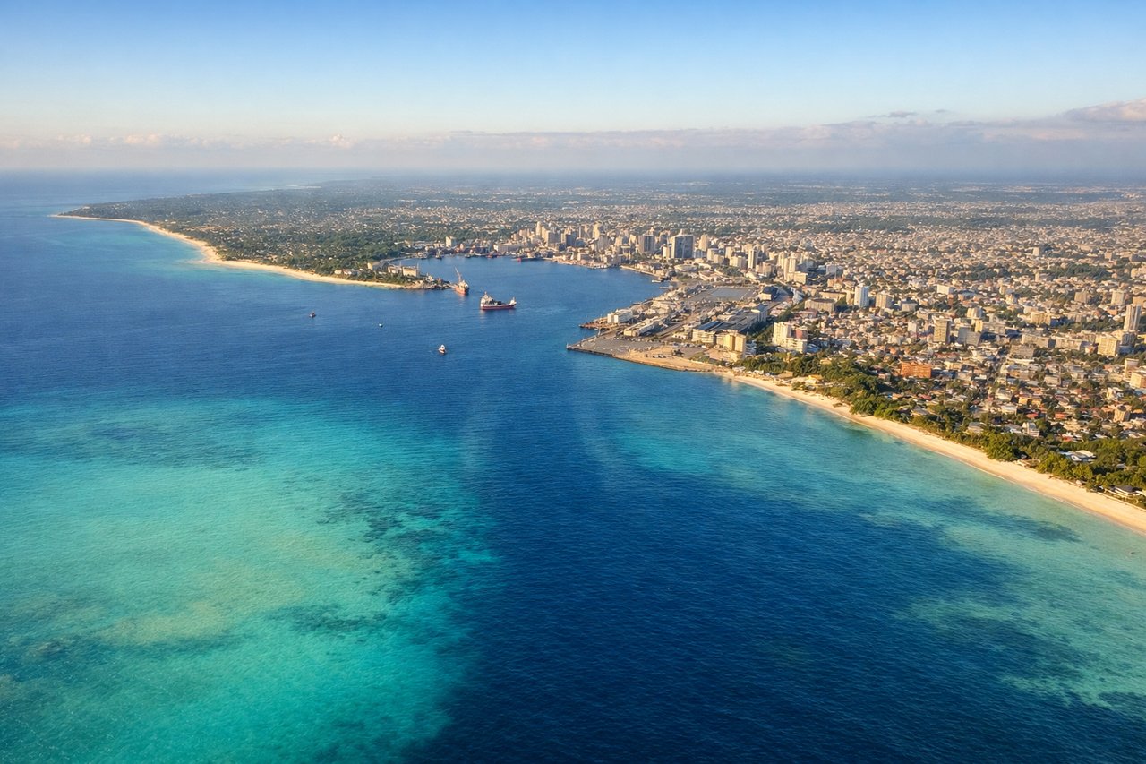 Right window seat view during landing at Dar Es Salaam (DAR) — Dar es Salaam harbor and port, the city's coastal skyline, Msasani Peninsula, Indian Ocean coastline