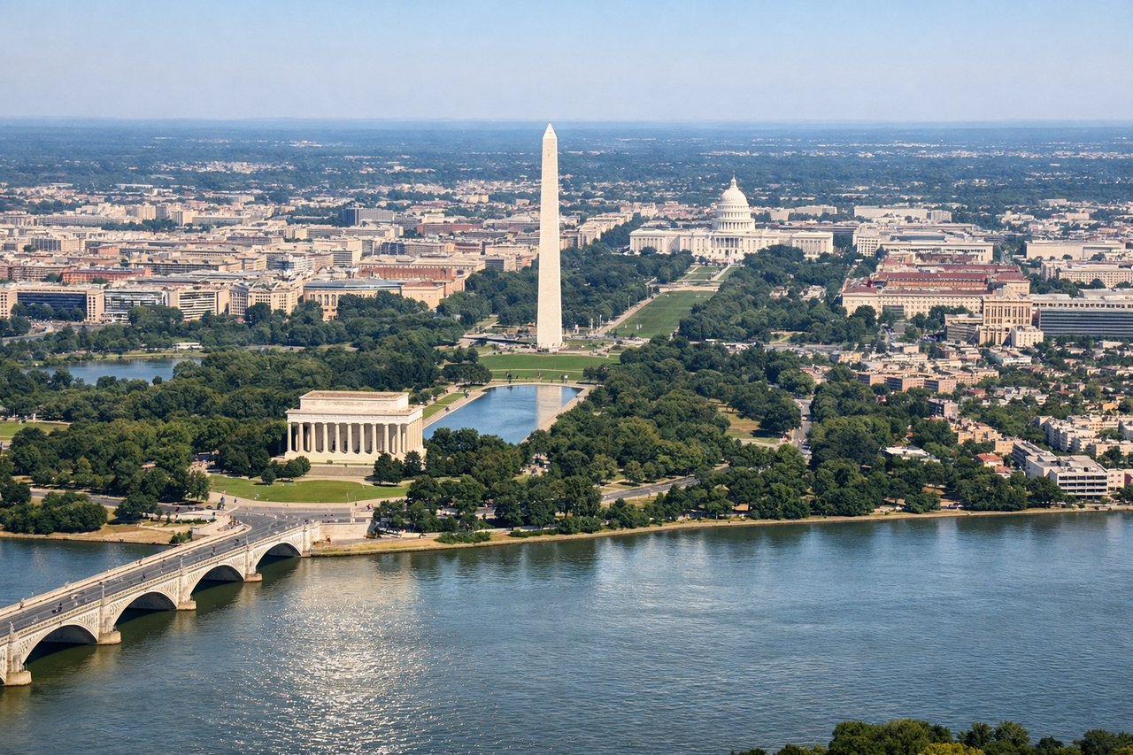 Aerial window seat view during takeoff from Washington (left side) — National Mall and Lincoln Memorial, U.S. Capitol dome, Potomac River bends, Arlington Memorial Bridge