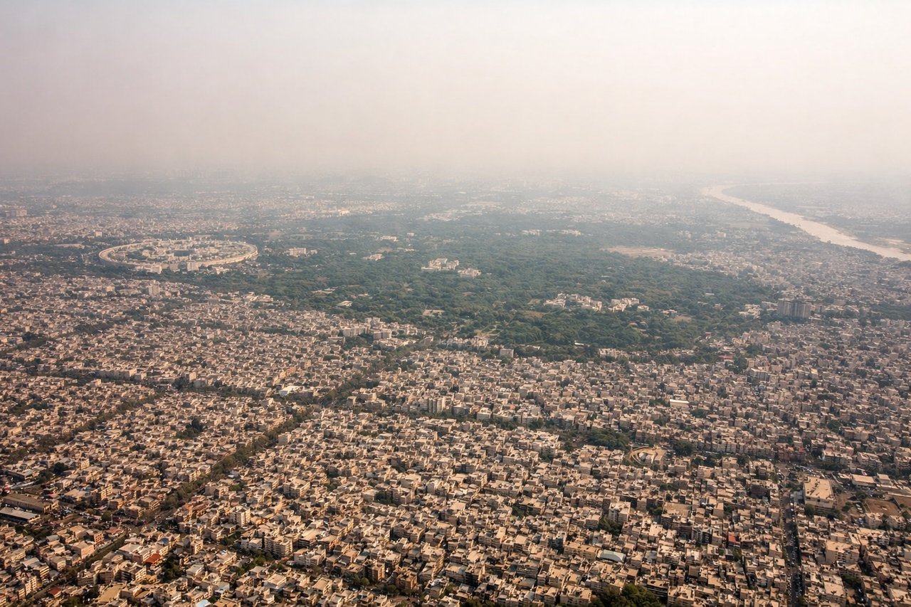 Aerial window seat view during landing at Delhi (left side) — Delhi Ridge (Aravalli remnant), Yamuna river floodplain, Central Delhi skyline, agricultural checkerboard fields of Haryana