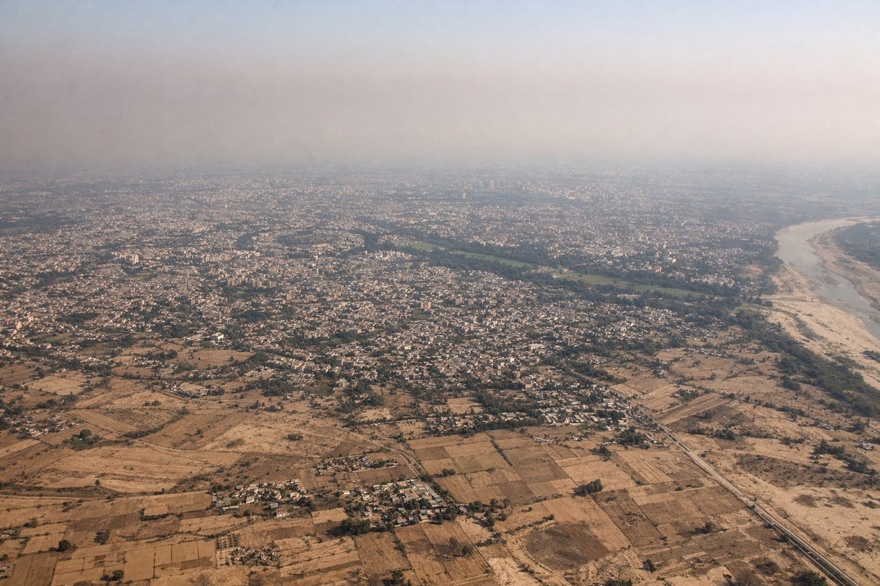 Aerial window seat view during landing at Delhi (right side) — Yamuna River (meandering through Delhi), Aravalli Hills foothills (southeast of airport), Delhi urban agglomeration, Indira Gandhi International Airport complex