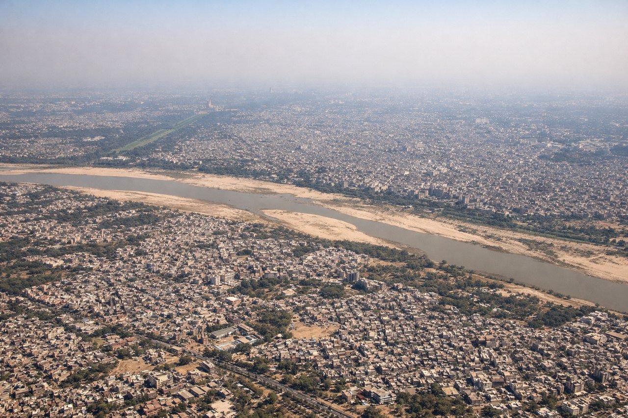 Aerial window seat view during takeoff from Delhi (right side) — Yamuna River, Delhi's urban core near Humayun's Tomb/India Gate area, Akshardham Temple complex, distant Aravalli ridge to the south
