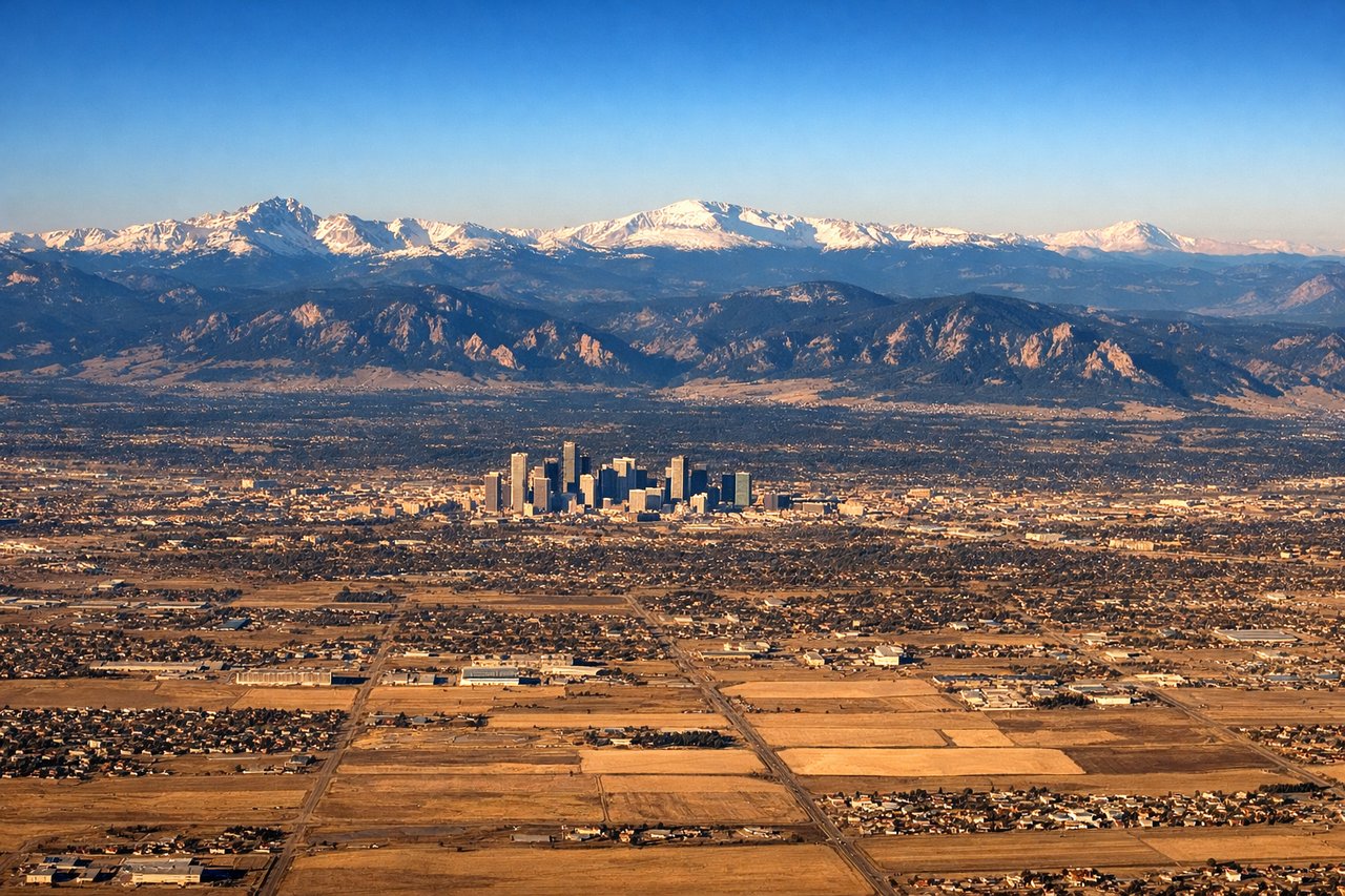 Aerial window seat view during landing at Denver (left side) — Front Range of the Rocky Mountains (Longs Peak, Mount Evans, Pikes Peak visible on clear days), Denver city grid on the plains below, Cherry Creek Reservoir, and the distinctive white tent roof of DEN terminal