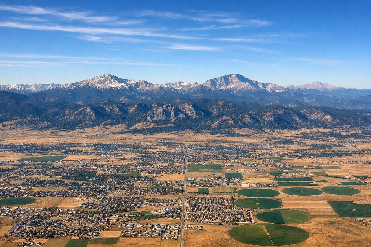 Aerial window seat view during takeoff from Denver (left side) — Front Range foothills, Longs Peak, the Continental Divide, Denver's western suburbs receding below