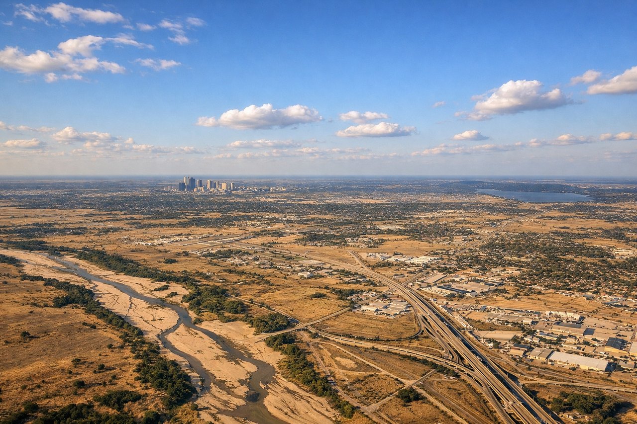 Right window seat view during landing at Dallas-Fort Worth (DFW) — Downtown Dallas skyline (Reunion Tower, Bank of America Plaza), Trinity River corridor, DFW's own terminal complex and parallel runway system