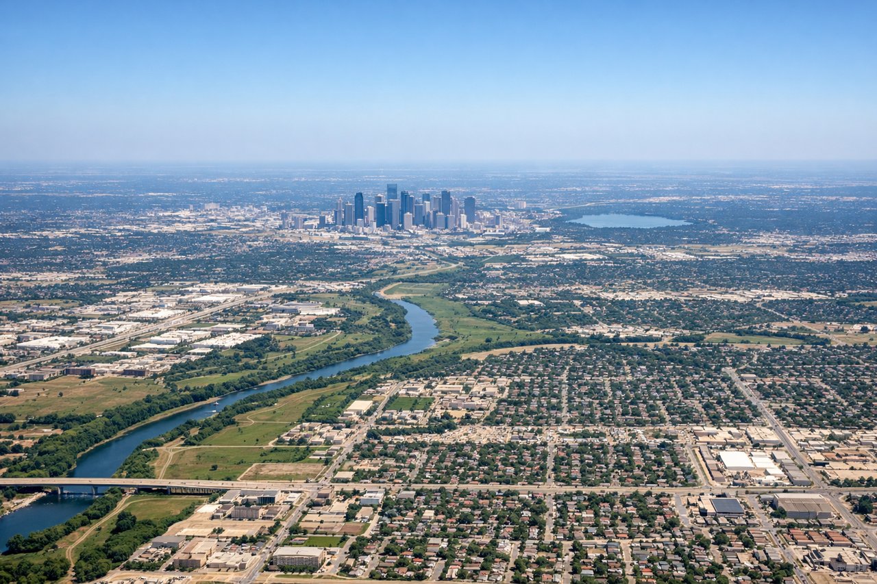 Aerial window seat view during takeoff from Dallas-Fort Worth (left side) — Downtown Dallas skyline, Lake Ray Hubbard, Trinity River, DFW airport's parallel runway grid