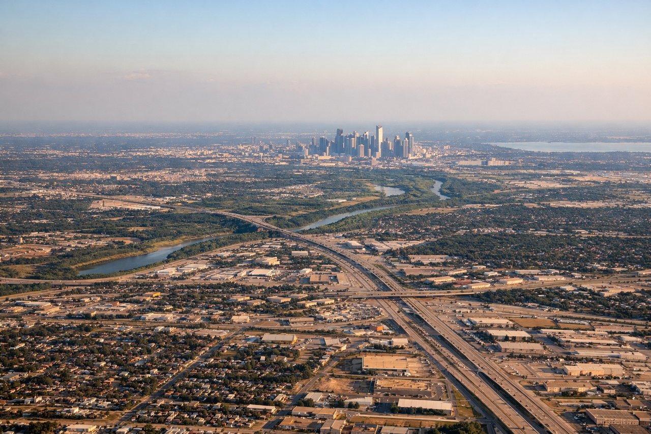 Right window seat view during takeoff from Dallas-Fort Worth (DFW) — Downtown Dallas skyline (Reunion Tower, Bank of America Plaza), Las Colinas towers in Irving, Trinity River, Dallas suburbs sprawl