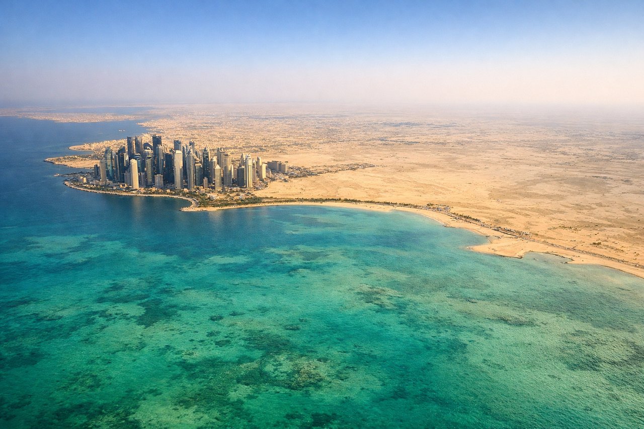 Left window seat view during landing at Doha (DOH) — West Bay skyscraper skyline, The Pearl-Qatar artificial island, Doha Corniche waterfront, turquoise shallows of the Persian Gulf
