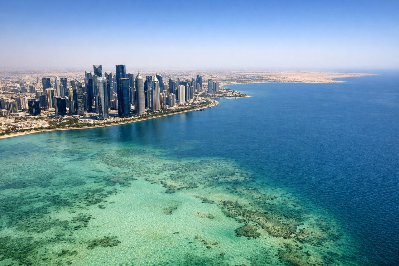 Aerial window seat view during landing at Doha (right side) — Persian Gulf coastline, Doha West Bay skyline, The Pearl-Qatar island, turquoise shallow Gulf waters