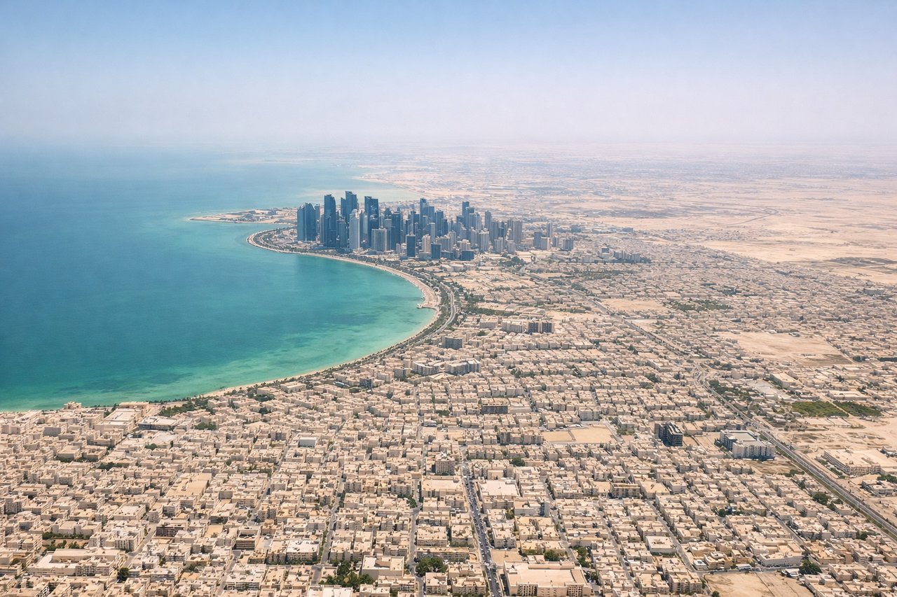Left window seat view during takeoff from Doha (DOH) — Doha West Bay skyline, The Pearl-Qatar artificial island, Doha Corniche coastline, Persian Gulf waters