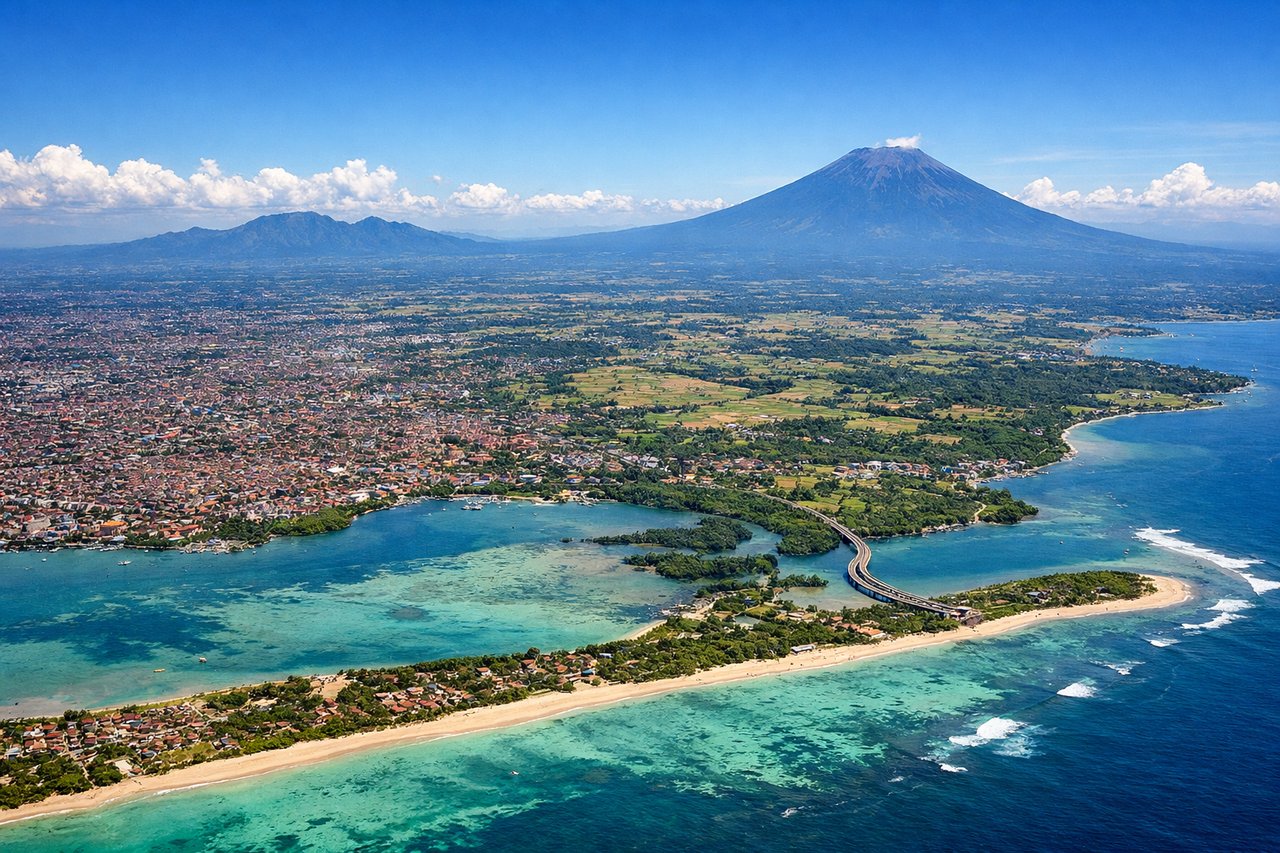 Left window seat view during takeoff from Denpasar (DPS) — Bukit Peninsula cliffs, Uluwatu Temple area, Nusa Dua beaches and resorts, Indian Ocean coastline