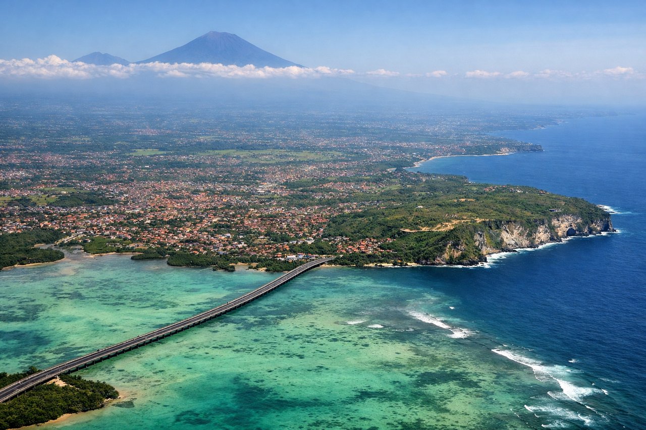 Aerial window seat view during takeoff from Denpasar (right side) — Mount Agung (3,142m, Bali's highest volcano), Batur volcanic complex to the northwest, Lombok Strait separating Bali from Lombok island, coastal towns of Ubud region inland