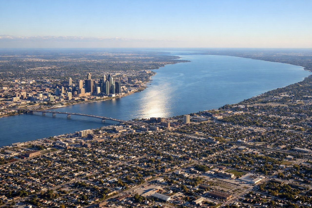 Left window seat view during landing at Detroit (DTW) — Detroit skyline with the Renaissance Center towers, Detroit River, Ambassador Bridge, Ford Rouge industrial complex in Dearborn