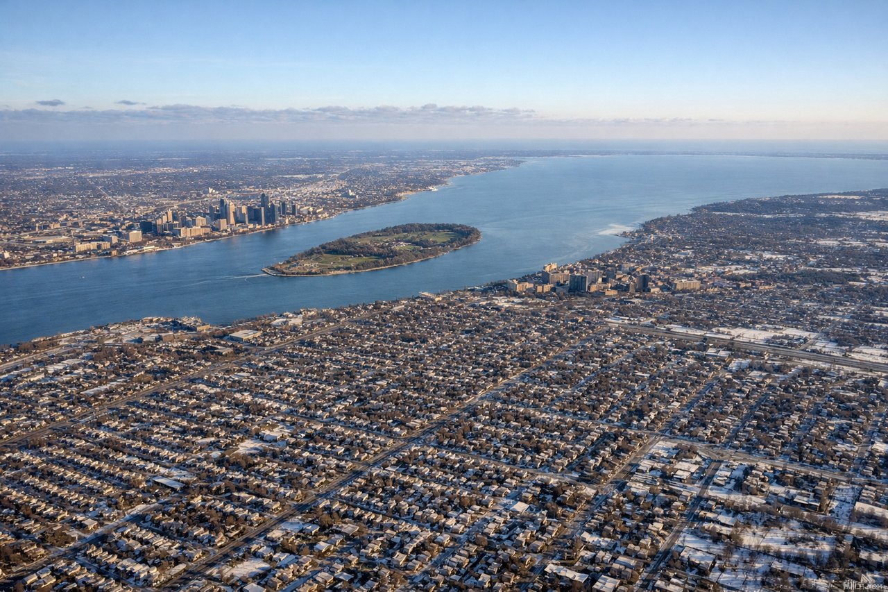 Left window seat view during takeoff from Detroit (DTW) — Downtown Detroit skyline, Detroit River, Windsor Ontario (Canada), Ambassador Bridge