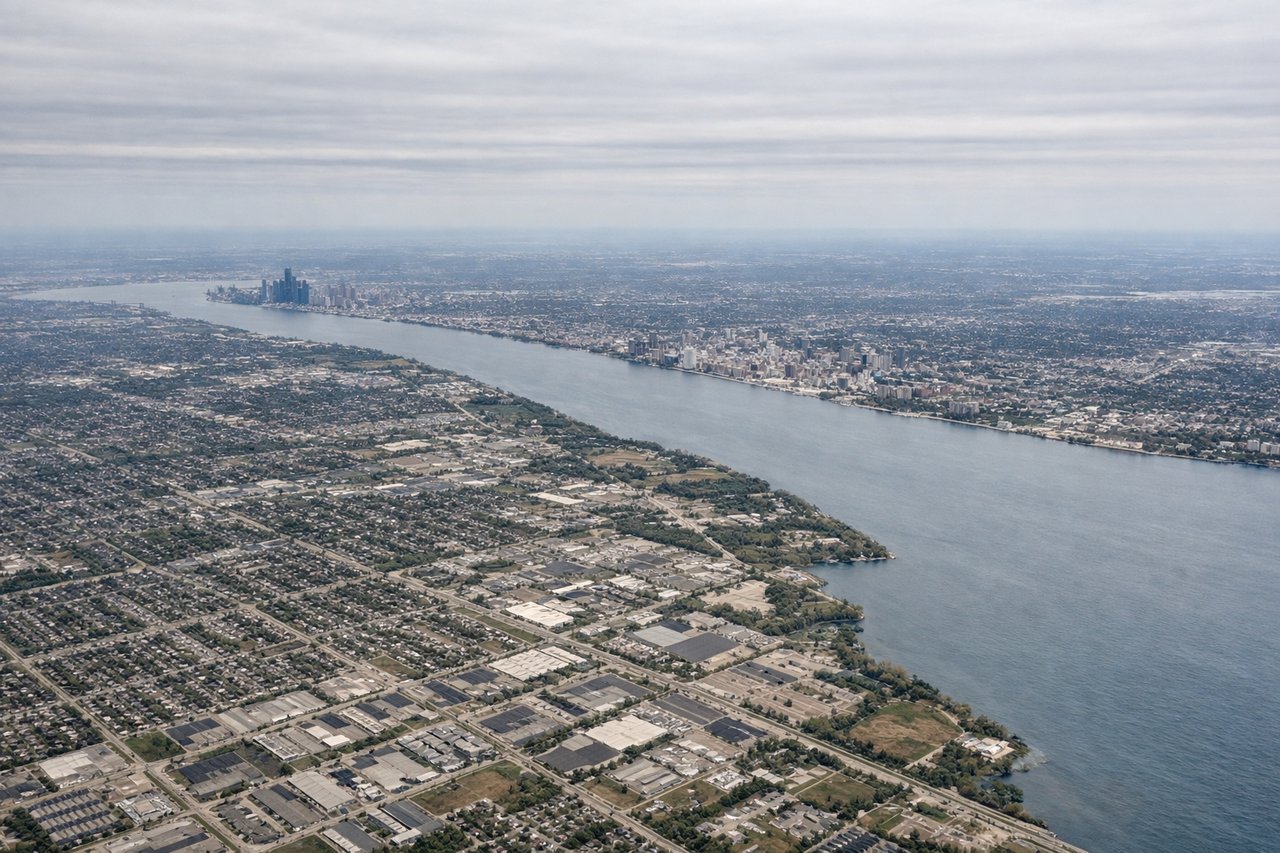 Aerial window seat view during takeoff from Detroit (right side) — Detroit River, Lake St. Clair, Windsor Ontario (across the border), downtown Detroit skyline