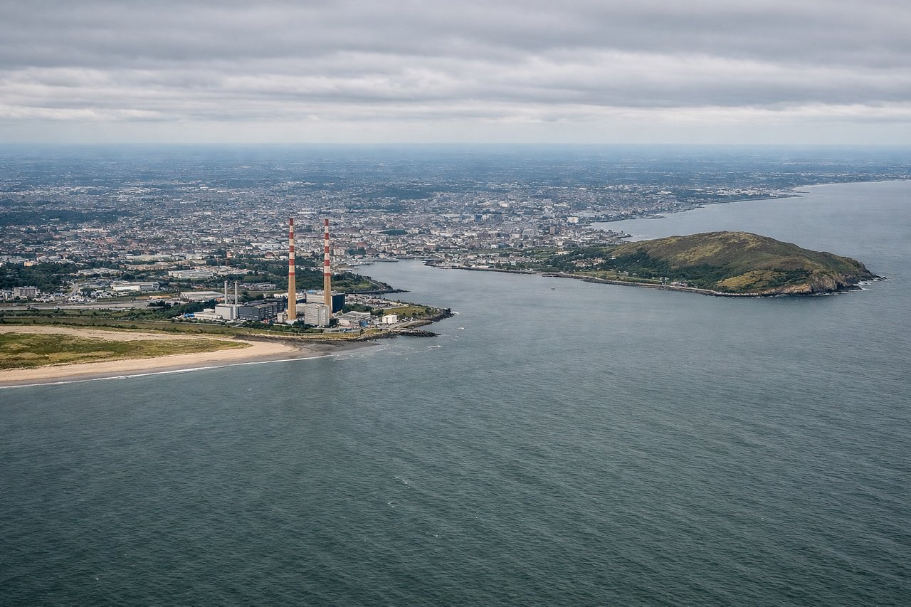 Aerial window seat view during landing at Dublin (right side) — Dublin Bay (immediate foreground), Irish Sea (western horizon), Howth Peninsula (northeast), Wicklow Mountains (south, distant)