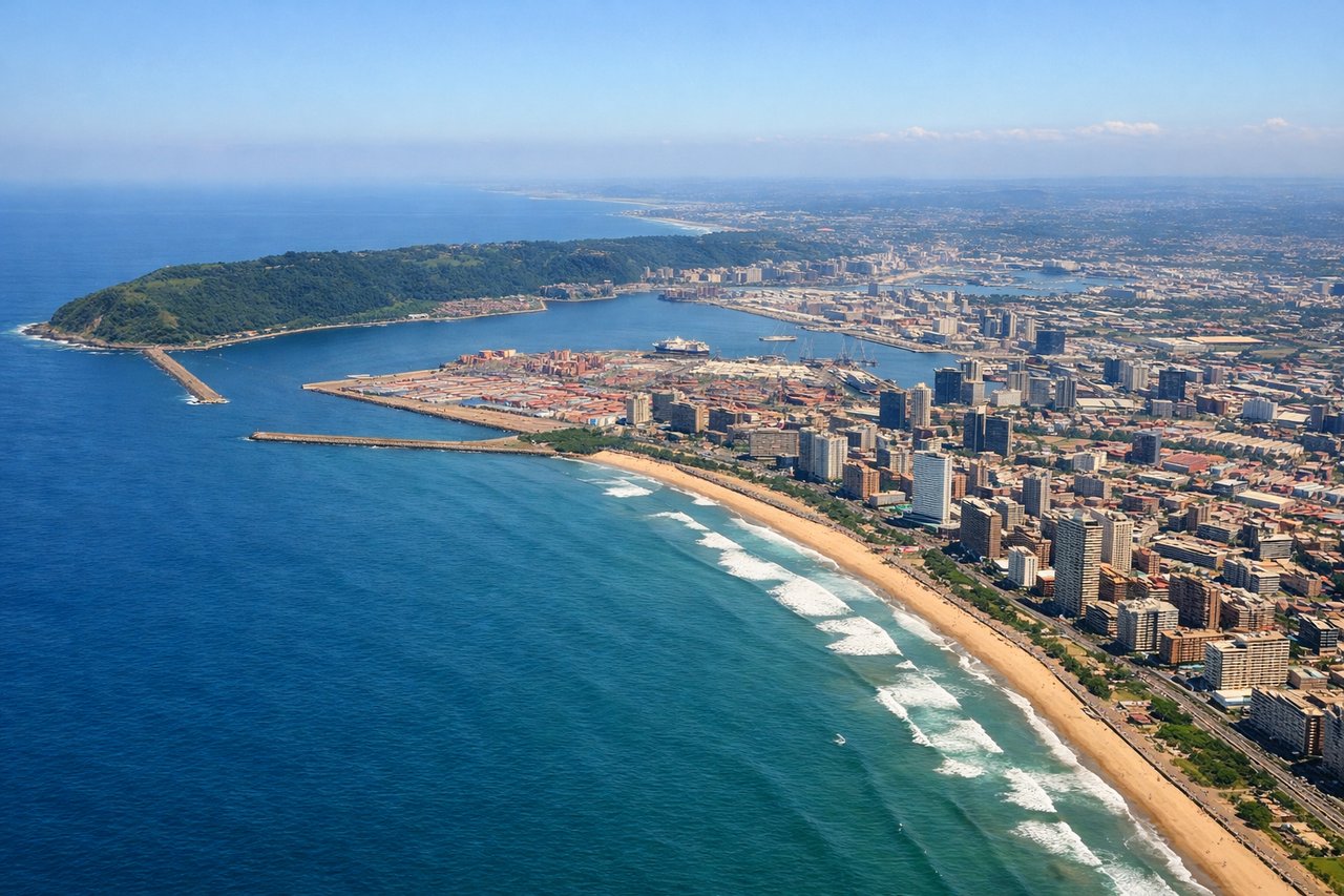 Aerial window seat view during landing at Durban (right side) — Indian Ocean coastline, Durban's Golden Mile beachfront, Durban harbor entrance and the Bluff headland, Umhlanga coastline to the north