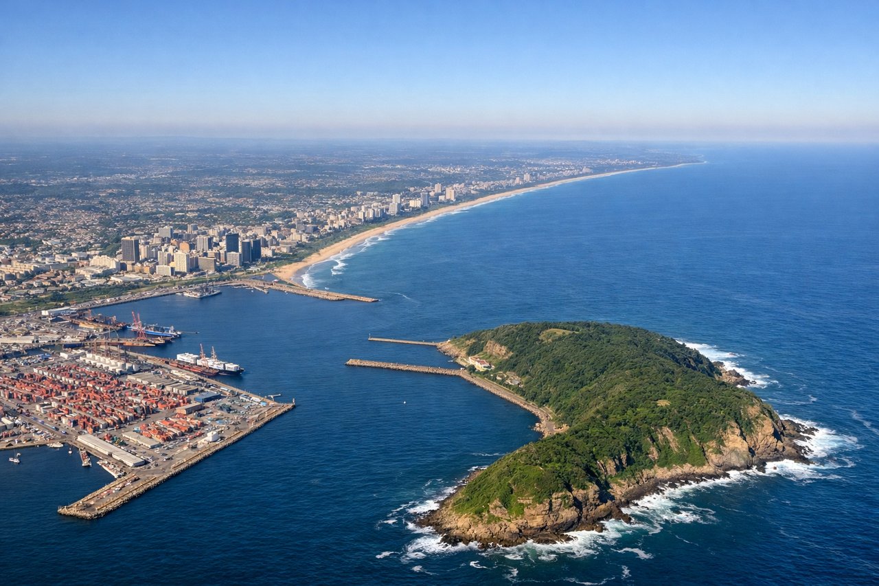 Right window seat view during takeoff from Durban (DUR) — Indian Ocean (immediate right), Durban Harbor and port facilities, beachfront suburbs (Umhlanga, Durban Beach), inland ridge line of the Durban Bluff