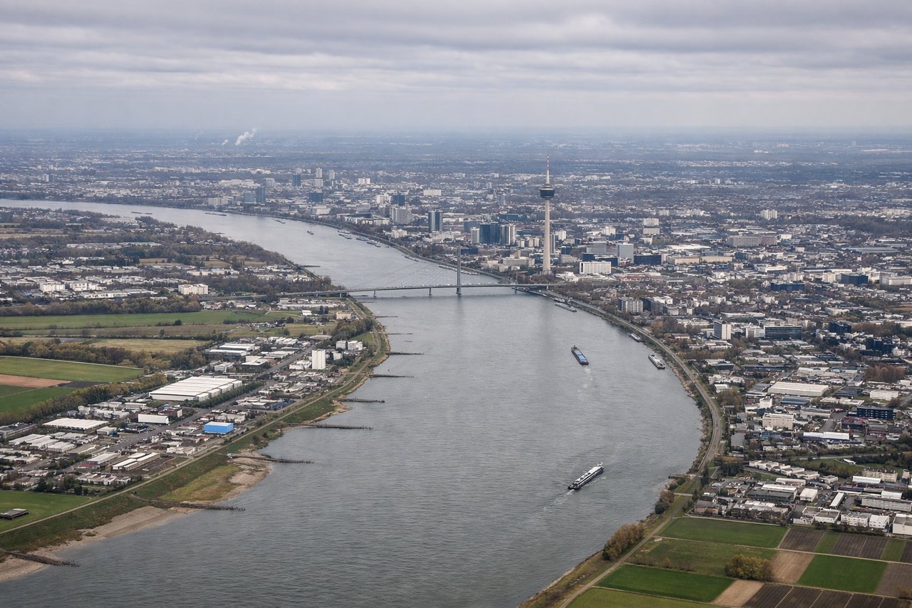 Left window seat view during landing at Duesseldorf (DUS) — Rhine River bend, Düsseldorf skyline with Rheinturm TV tower, Media Harbour district, Ratingen suburb