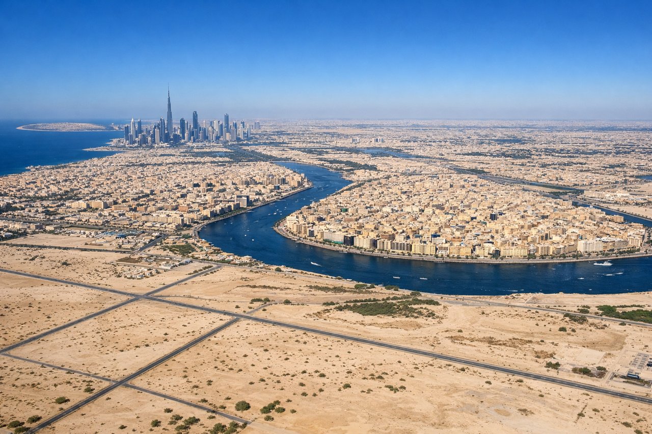Aerial window seat view during landing at Dubai (left side) — Dubai Creek and Deira district, Dubai city skyline including Downtown Dubai visible to the southwest, Arabian Gulf coastline and shallow turquoise waters, Palm Jumeirah visible in the distance to the southwest