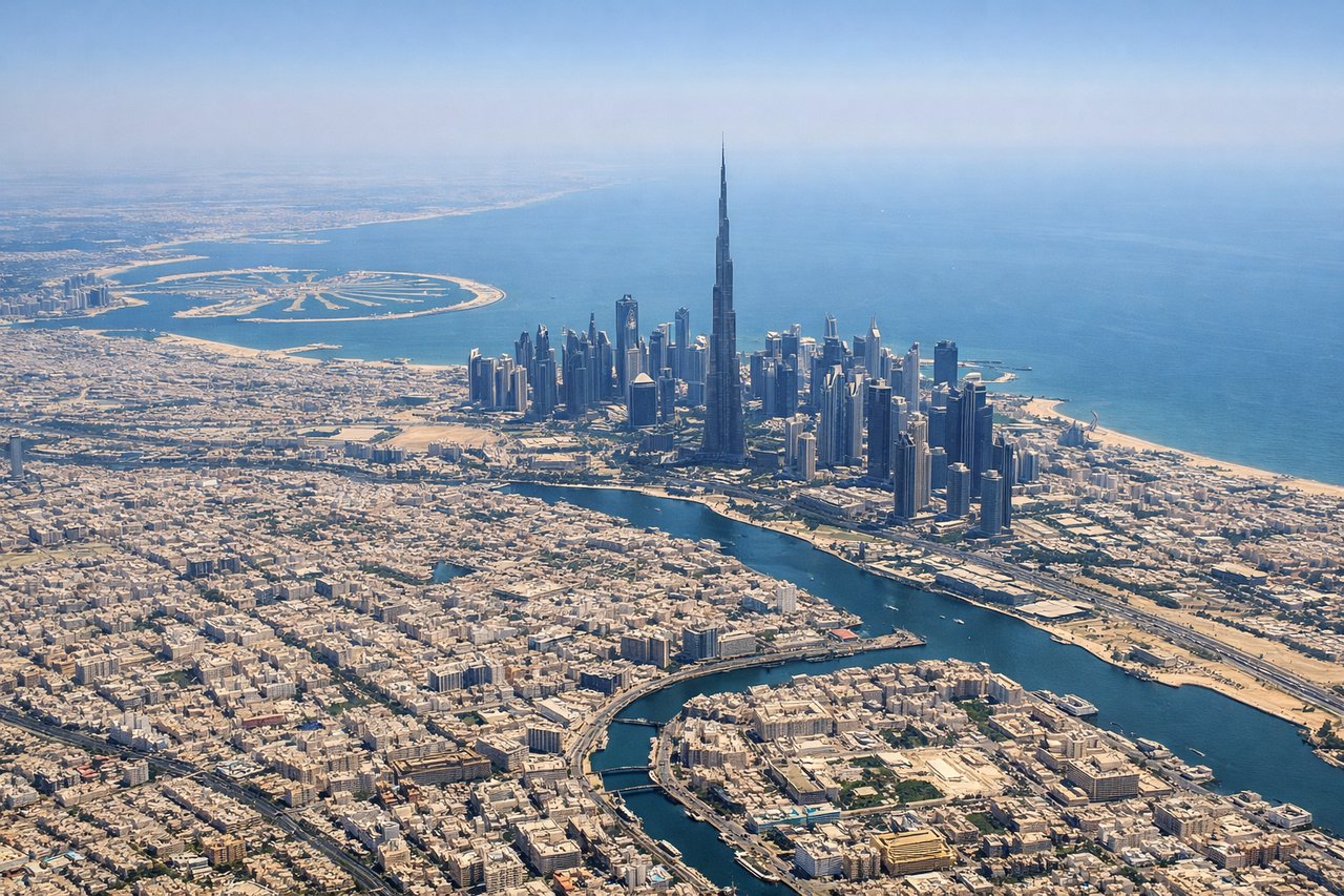 Aerial window seat view during takeoff from Dubai (left side) — Burj Khalifa and Downtown Dubai cluster, Dubai Creek and Deira waterfront, Palm Jumeirah artificial island, Dubai Marina towers