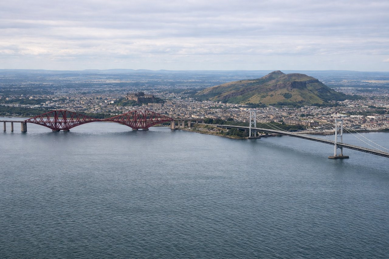 Left window seat view during landing at Edinburgh (EDI) — Edinburgh Castle, Arthur's Seat, Old Town/city center rooftops, Pentland Hills in the distance