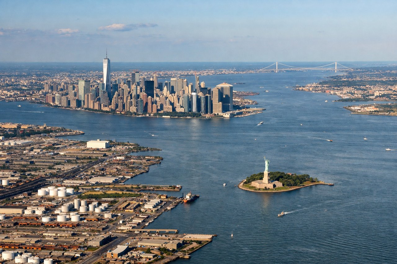 Aerial window seat view during landing at Newark (left side) — Manhattan skyline (One World Trade Center, Empire State Building), Hudson River, Statue of Liberty and New York Harbor, Staten Island