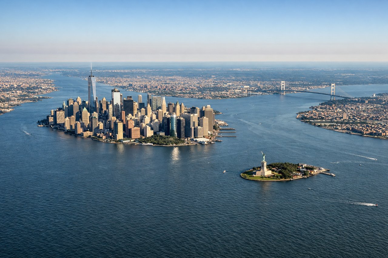 Aerial window seat view during takeoff from Newark (left side) — Manhattan skyline and East River, Hudson River estuary, Newark Bay and Port Newark container terminals, Statue of Liberty and Liberty Island