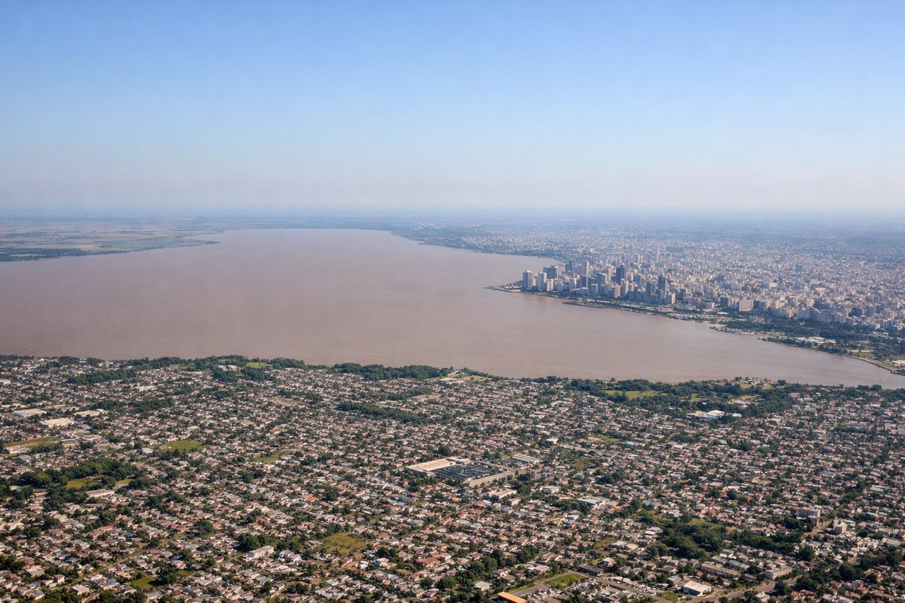 Aerial window seat view during takeoff from Buenos Aires (right side) — Río de la Plata estuary, Buenos Aires metropolitan area, Paraná River delta to the northeast, Atlantic coastal plains