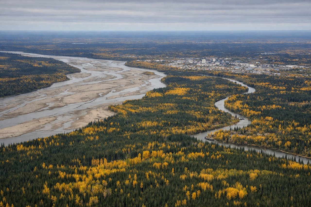 Aerial window seat view during landing at Fairbanks (left side) — Denali and the Alaska Range, Tanana River, Fairbanks city grid (right side reference), boreal forest flats