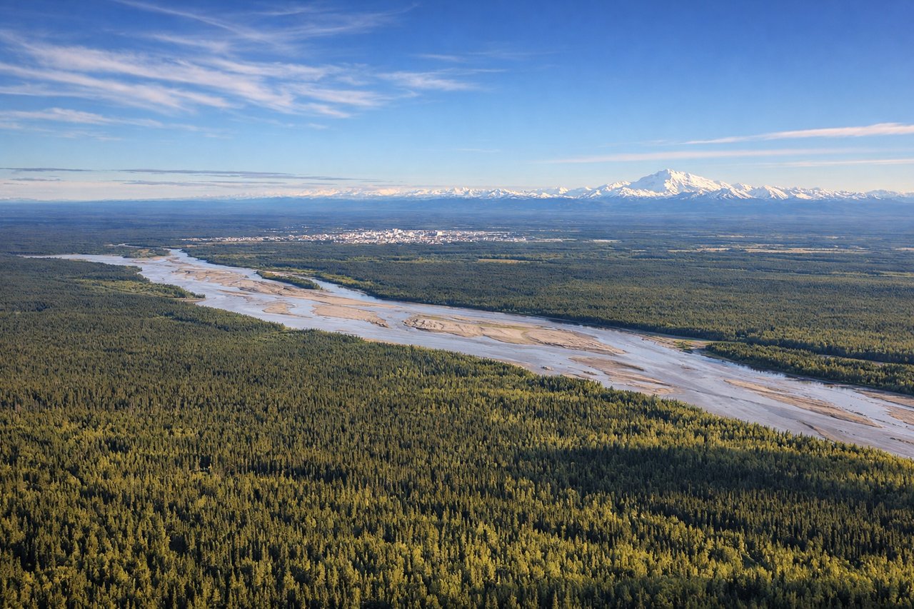 Right window seat view during landing at Fairbanks (FAI) — Alaska Range, Denali (on clear days), Tanana River valley, boreal forest surrounding Fairbanks