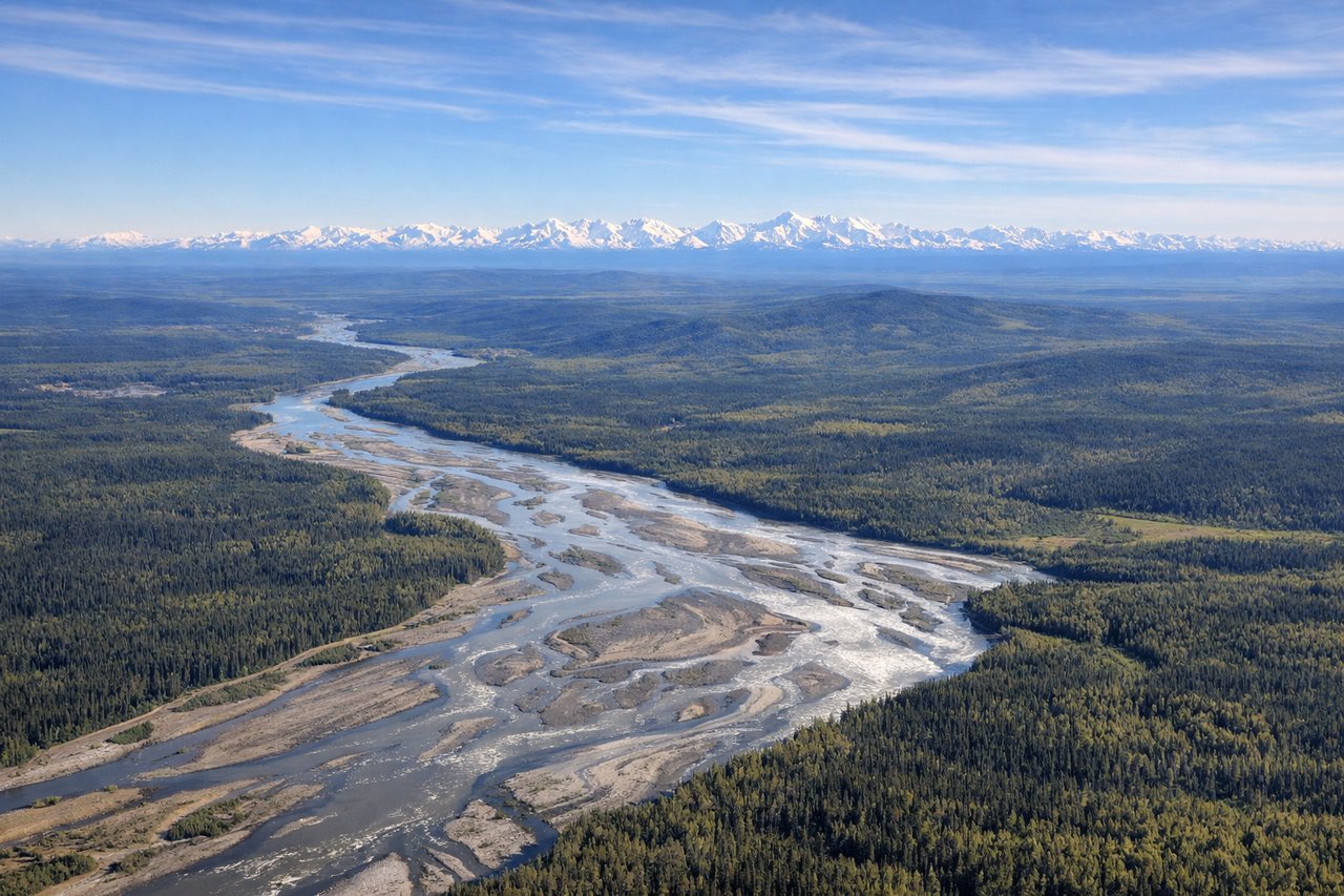 Left window seat view during takeoff from Fairbanks (FAI) — Alaska Range, Denali (on clear days, ~130 miles distant), Tanana River, city of Fairbanks
