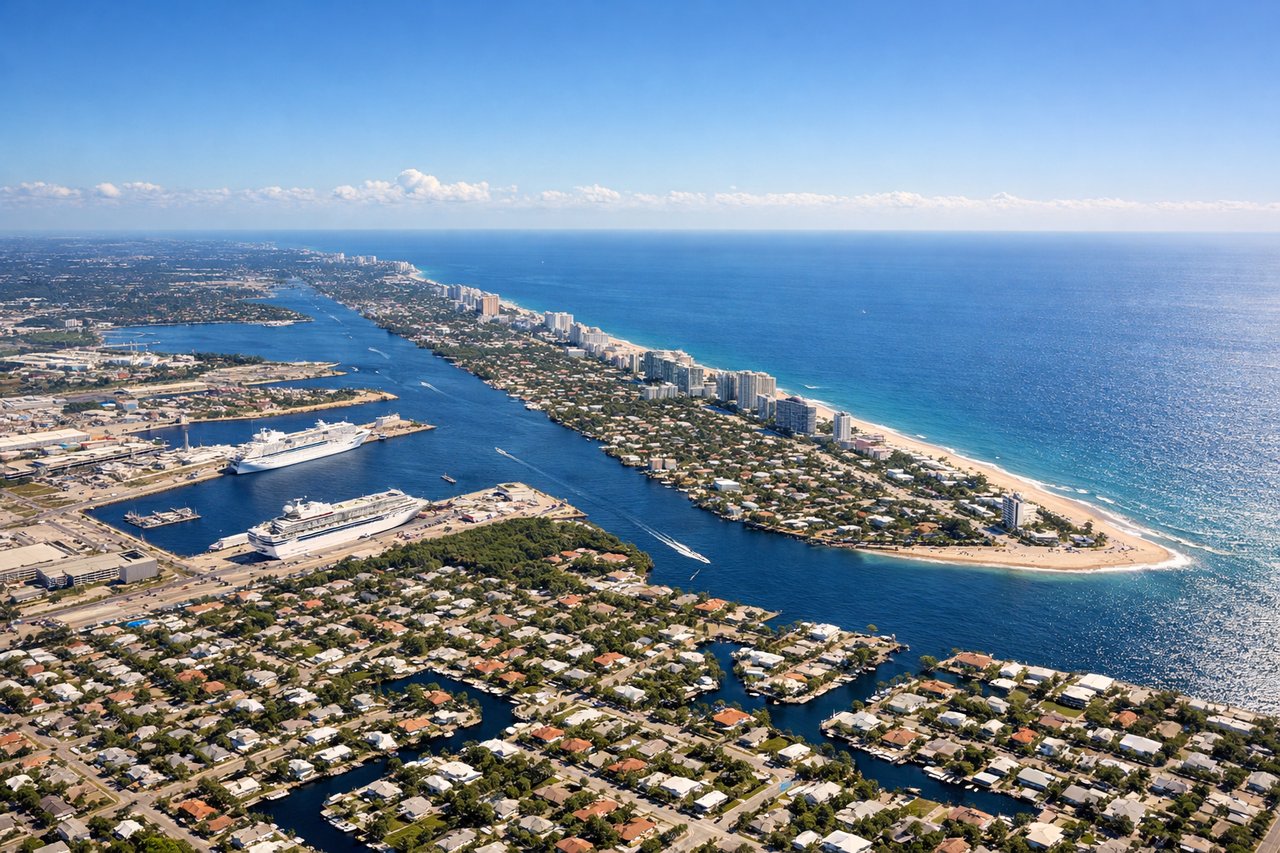 Left window seat view during landing at Fort Lauderdale (FLL) — Port Everglades cruise/cargo terminals, Intracoastal Waterway, Hollywood and Dania Beach shoreline, Atlantic Ocean horizon