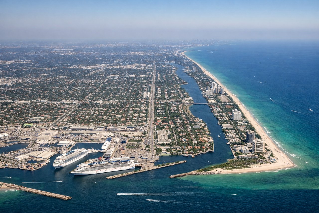 Left window seat view during takeoff from Fort Lauderdale (FLL) — Port Everglades, Fort Lauderdale downtown skyline, Atlantic barrier island beaches, Dania Beach/Hollywood coastline