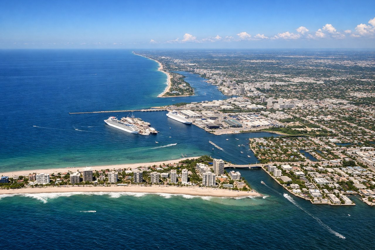 Right window seat view during takeoff from Fort Lauderdale (FLL) — Port Everglades, Fort Lauderdale downtown skyline, Atlantic barrier island beaches, Dania Beach/Hollywood coastline