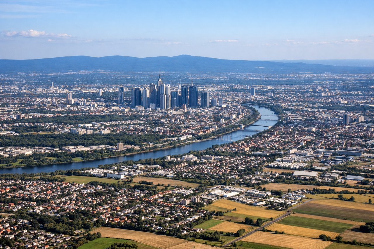 Aerial window seat view during landing at Frankfurt (left side) — Frankfurt city skyline (Bankenviertel skyscrapers), Main River bend through the city, Taunus hills to the northwest, Rhine River valley in the far distance