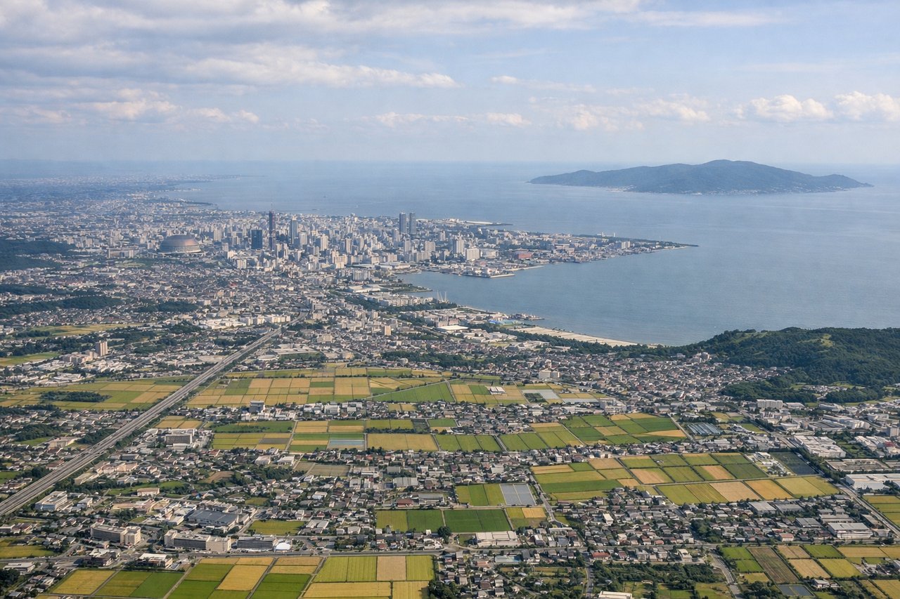 Right window seat view during landing at Fukuoka (FUK) — Hakata Bay, Fukuoka city skyline, Nokonoshima Island, Itoshima Peninsula coastline