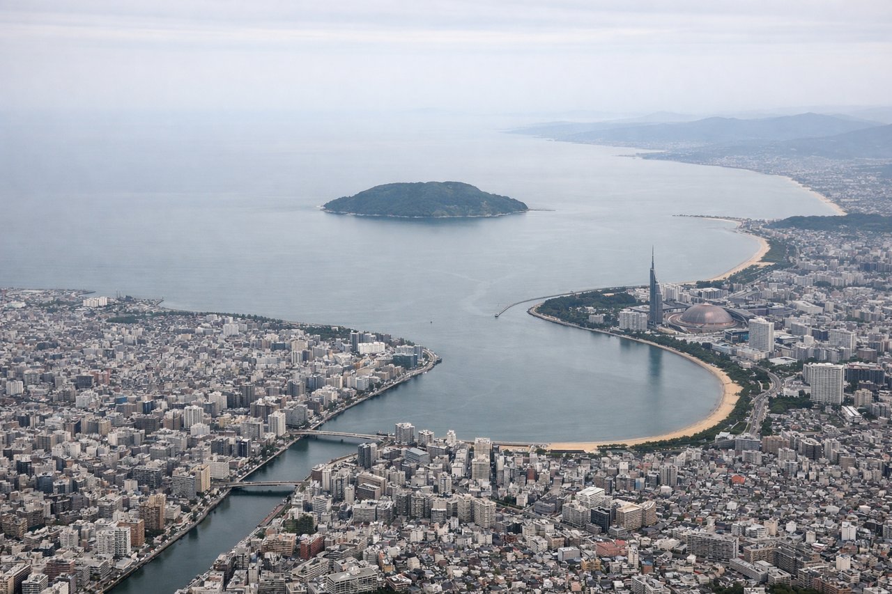 Left window seat view during takeoff from Fukuoka (FUK) — Hakata Bay, Fukuoka city skyline (Hakata/Tenjin districts), Nokonoshima island, Genkai Sea coastline